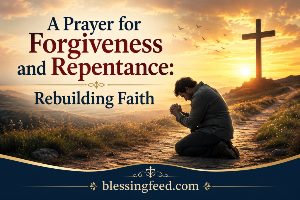 A prayer for forgiveness and repentance with a kneeling believer seeking God's mercy and rebuilding faith.