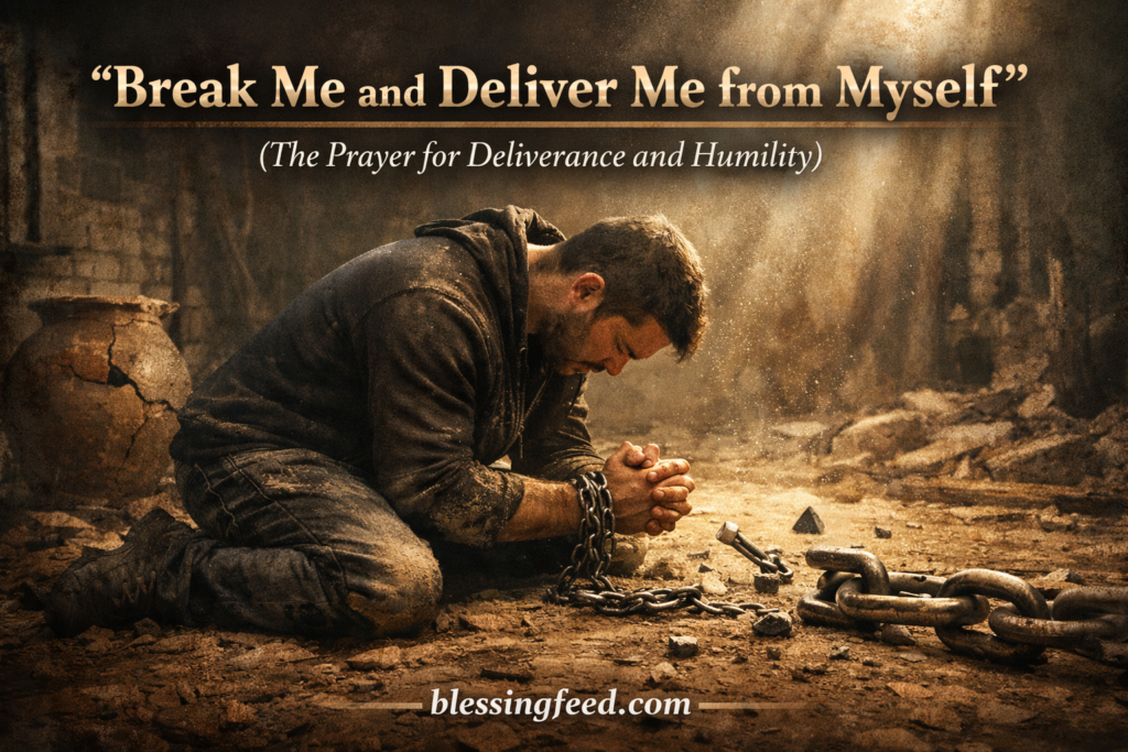 "Man kneeling in prayer with broken chains, symbolizing deliverance, humility, spiritual freedom, and surrender to God during the Prayer for Deliverance and Humility."