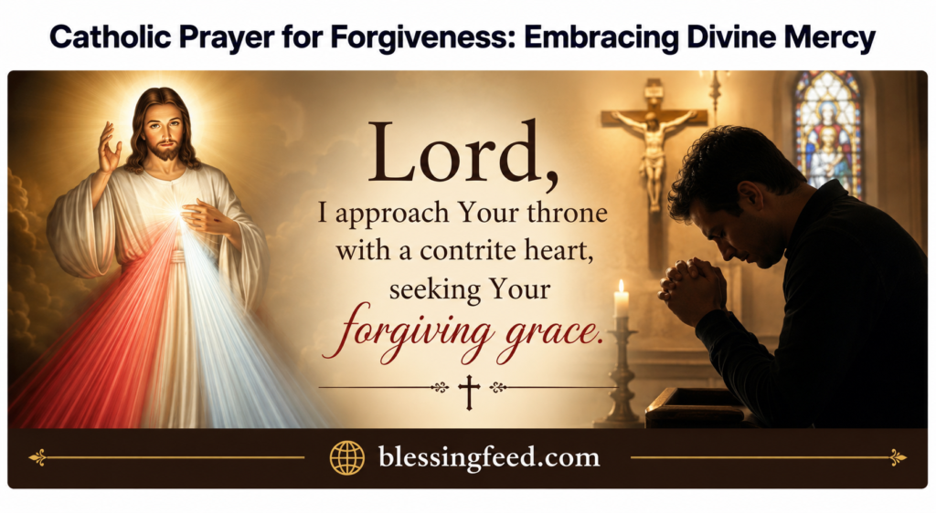 Catholic prayer for forgiveness and Divine Mercy with Jesus and a believer praying in church