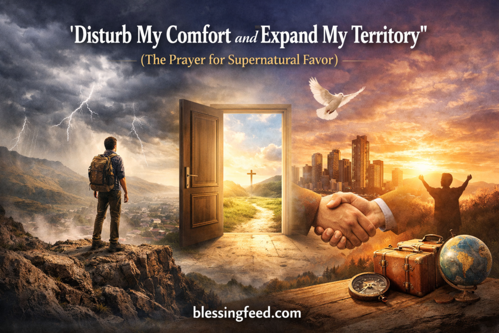 Christian illustration of a believer stepping out of comfort into God's purpose, featuring an open door, cross, city skyline, dove, and symbols of supernatural favor and spiritual growth.