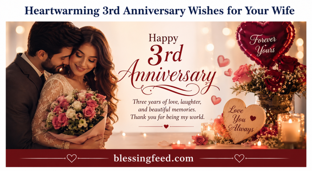Heartwarming 3rd anniversary wishes for wife with romantic couple and love message