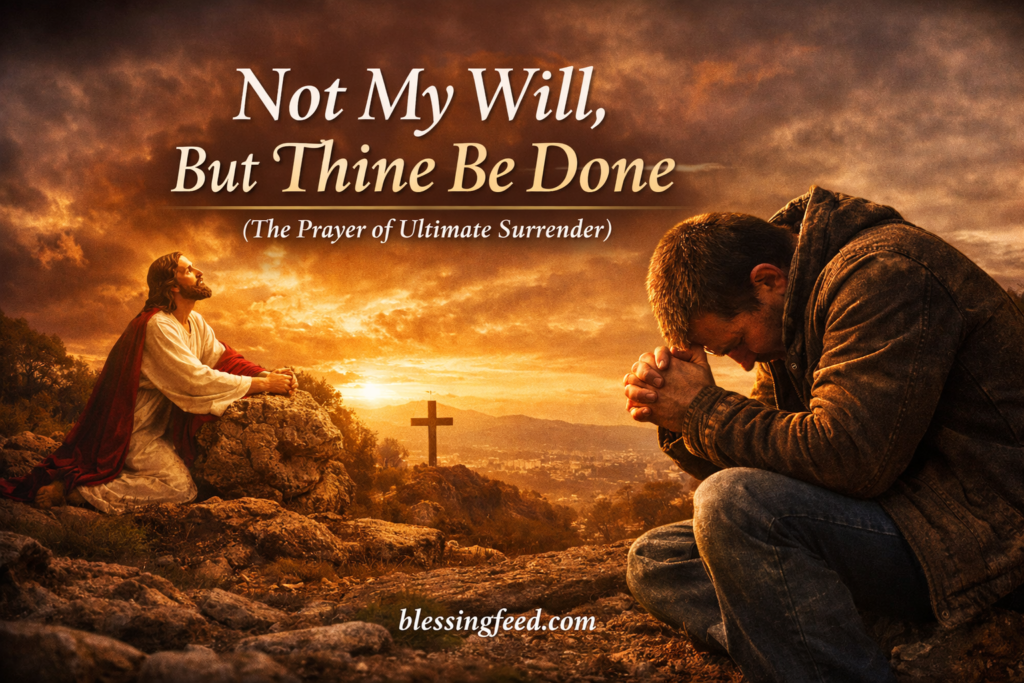 Christian praying in surrender beside Jesus in the Garden of Gethsemane representing "Not My Will, But Thine Be Done" and complete trust in God's plan.