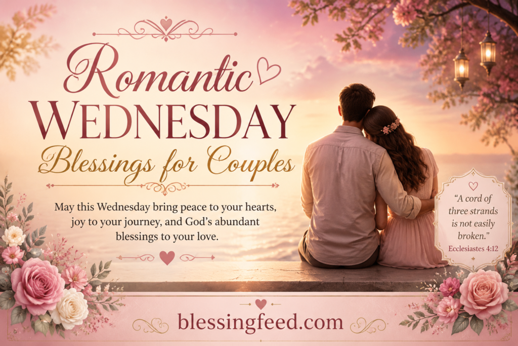 African American woman praying in warm sunset background with Wednesday blessings message of faith and hope.