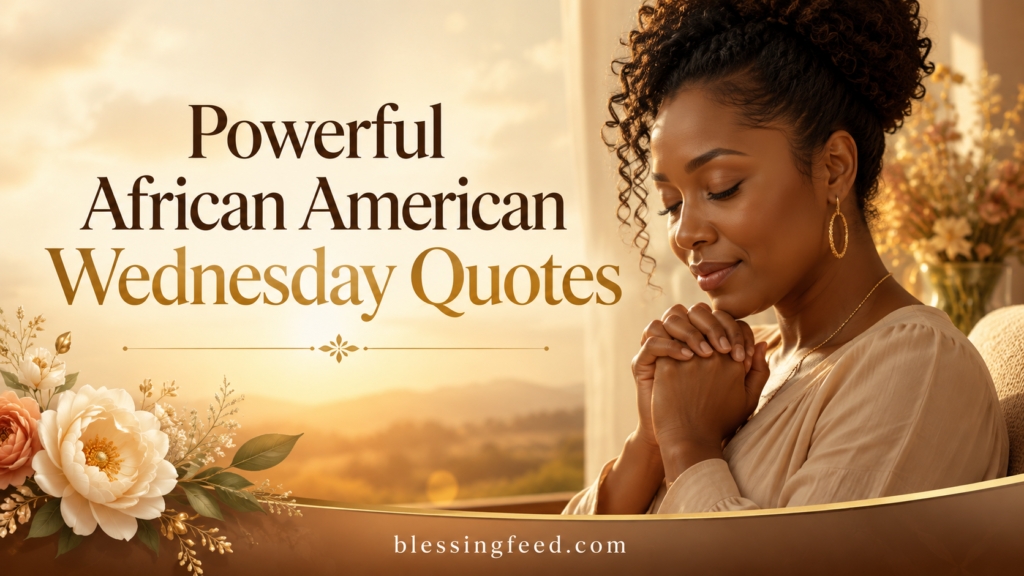 African American Wednesday prayer banner with inspirational woman in warm golden light symbolizing faith, hope, and midweek blessings.