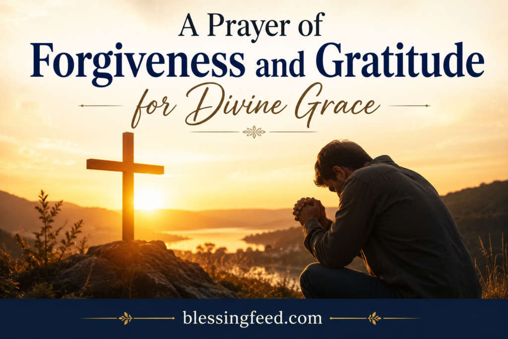 Prayer of Forgiveness and Gratitude for Divine Grace with a praying person and cross at sunrise.