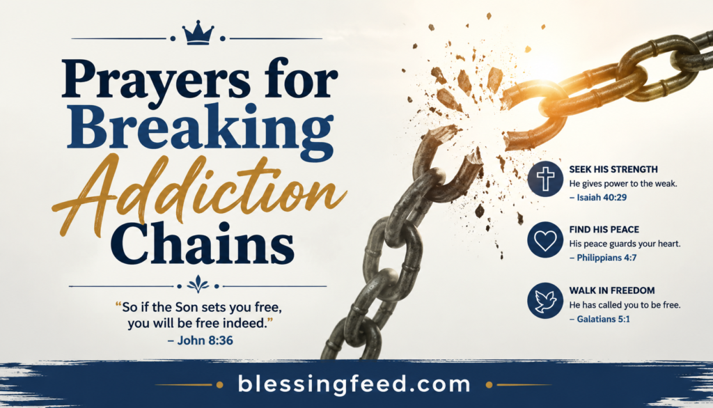 Prayers for Breaking Addiction Chains Christian inspirational banner with broken chains and blessingfeed.com branding