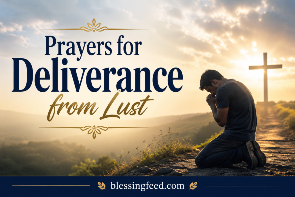 Prayers for Deliverance from Lust Christian prayer banner with kneeling man and cross