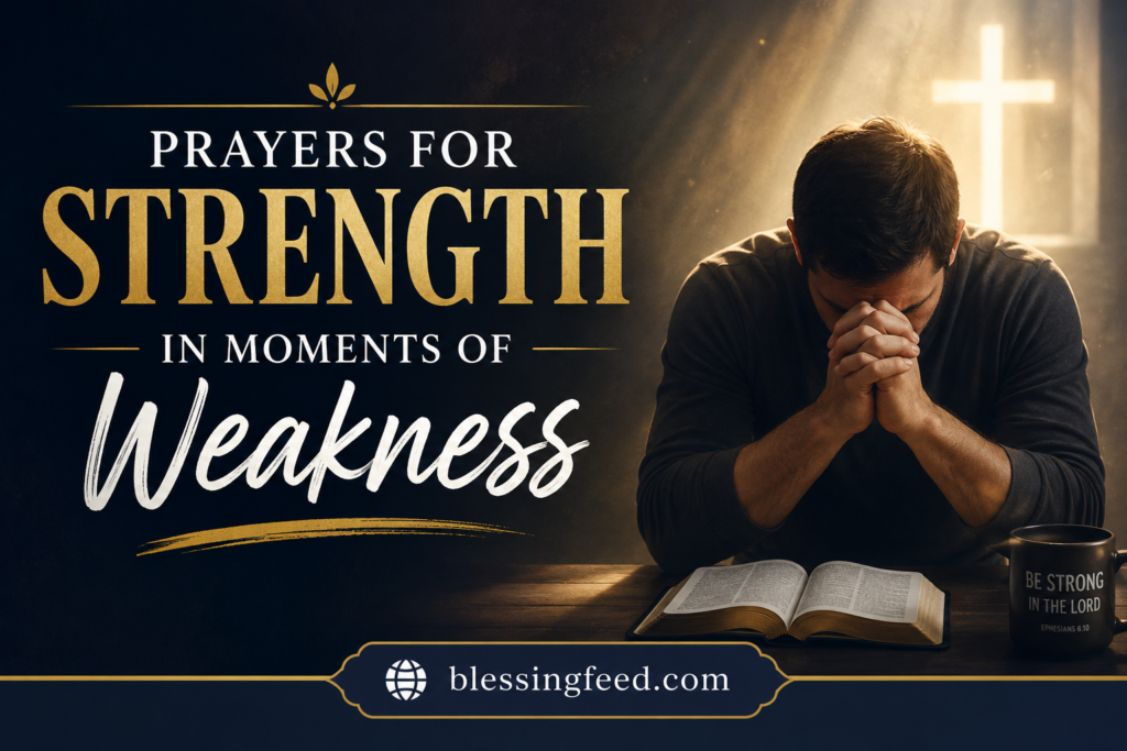 Prayers for Strength in Moments of Weakness with a man praying before a cross