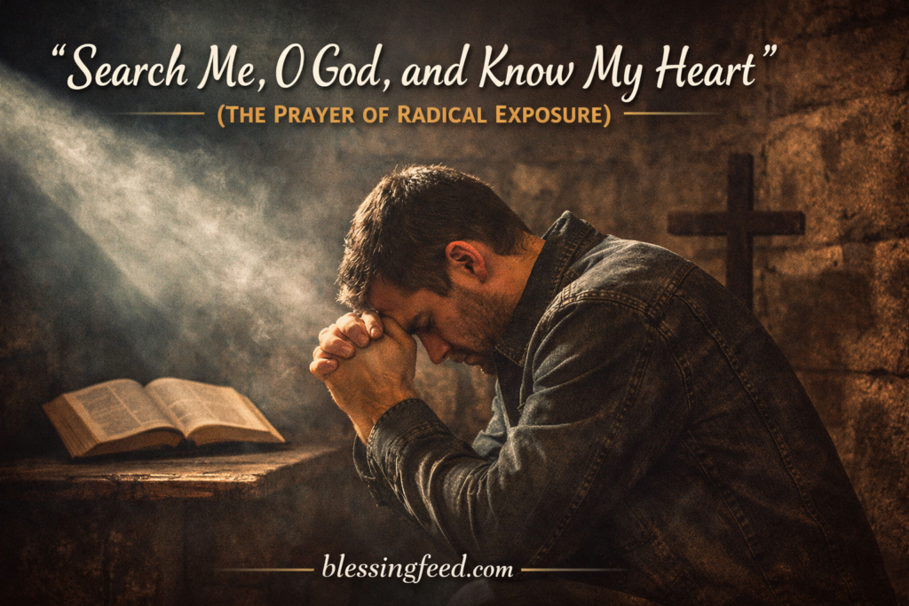 Search Me O God and Know My Heart prayer image showing a Christian man praying beside an open Bible under divine light representing spiritual reflection, repentance, and radical exposure.