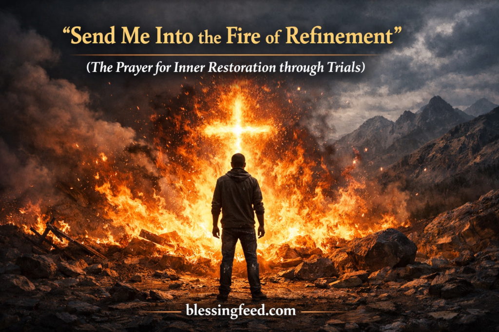 Christian believer standing before a refining fire and glowing cross, symbolizing spiritual growth, faith testing, inner restoration, and God's purification process through life's trials.