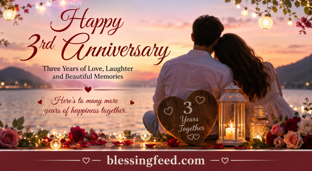 Romantic 3rd anniversary couple banner with heartfelt wishes and blessingfeed.com branding