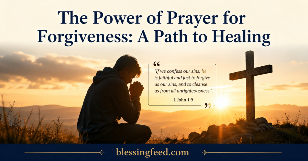 Person praying for forgiveness at sunrise with cross symbol representing healing, faith, and God's mercy