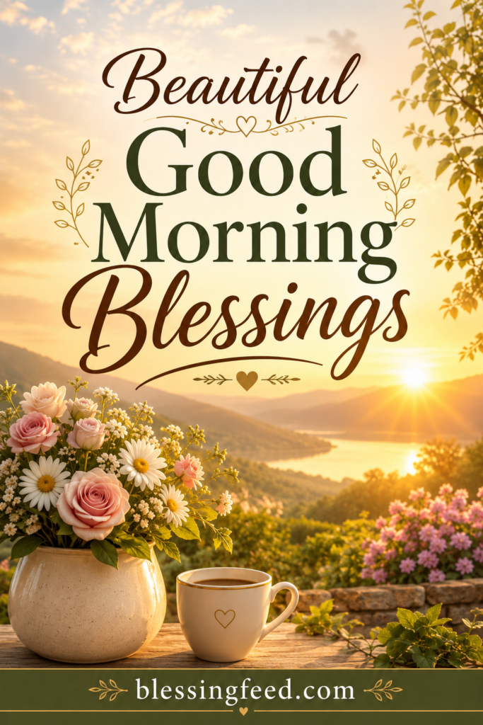Beautiful Good Morning Blessings sunrise image with flowers and blessingfeed.com