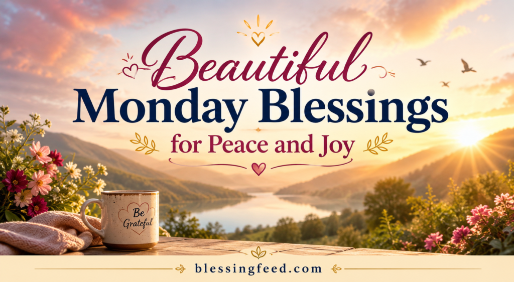 Beautiful Monday blessings for peace and joy with a peaceful sunrise landscape and blessingfeed.com text.