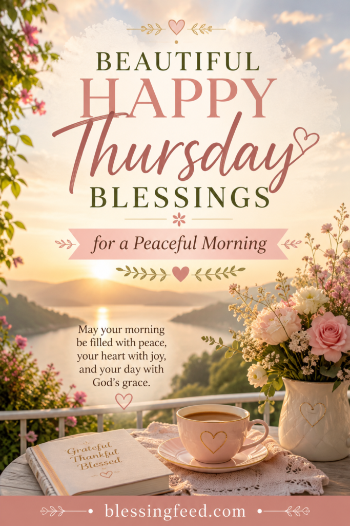 Beautiful Happy Thursday Blessings for a Peaceful Morning with calm sunrise, flowers, and inspirational positive message for peace, gratitude, and motivation.