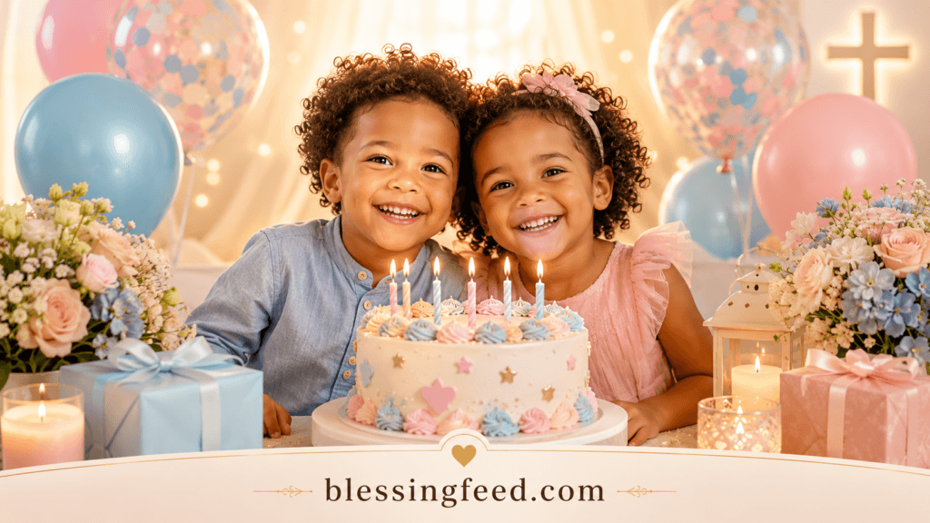 Birthday blessings for twins with a joyful twin birthday celebration, cake, balloons, and warm family blessings