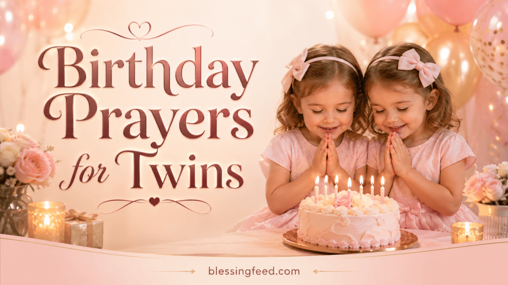 Birthday prayers for twins with birthday cake, candles, balloons, and blessingfeed.com text