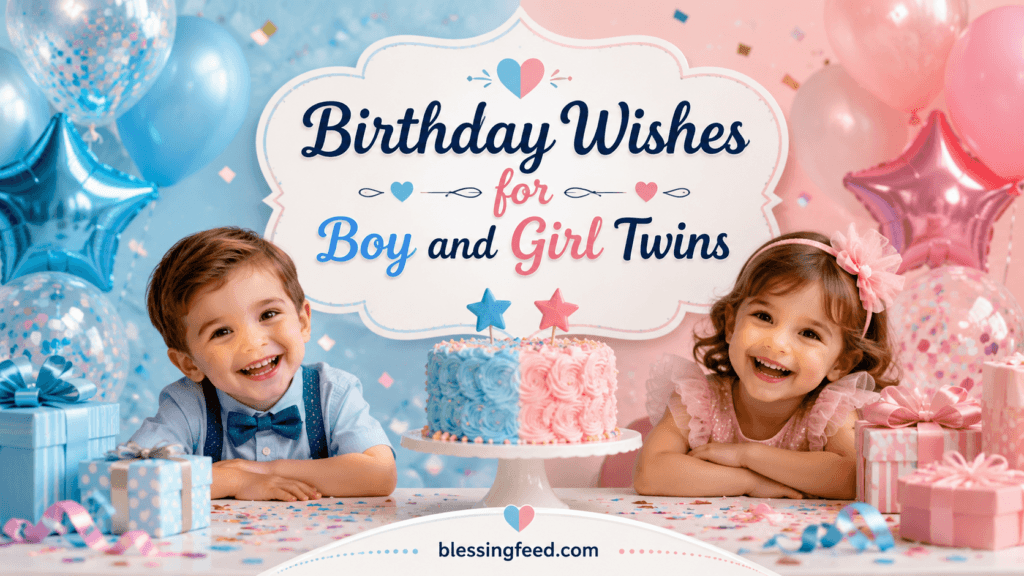 Birthday wishes for boy and girl twins with cake, balloons, gifts, and blessingfeed.com text