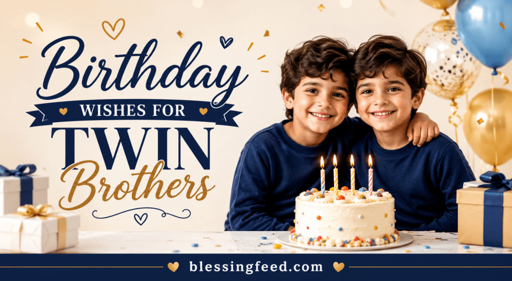 Birthday wishes for twin brothers with cake, balloons, gifts, and blessingfeed.com