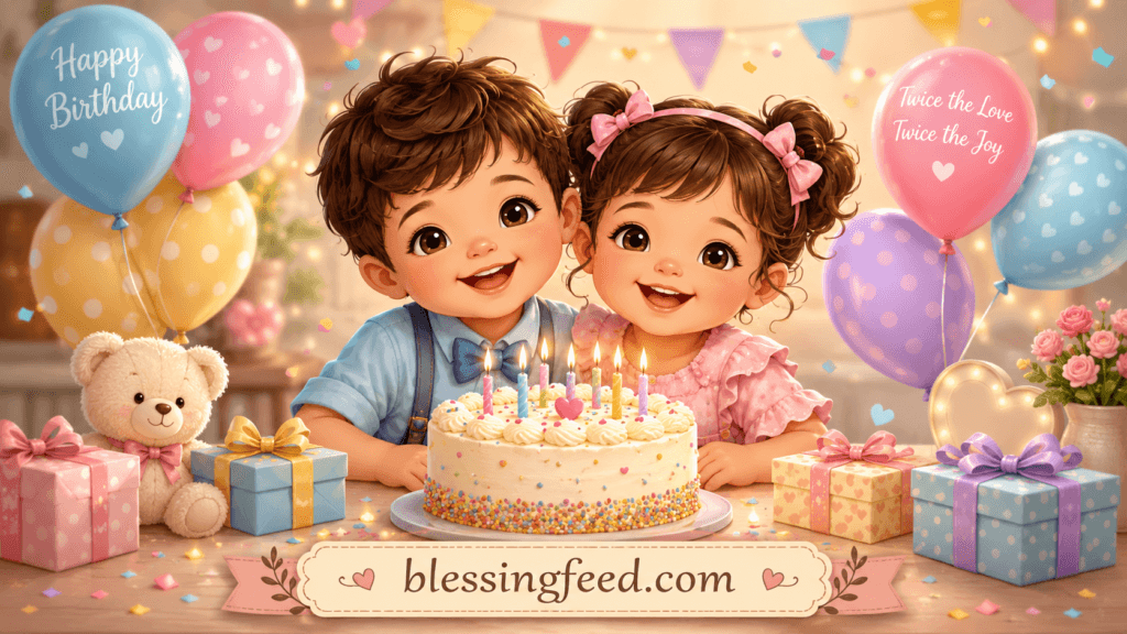 Happy birthday celebration for twin nephews and nieces with cake, balloons, gifts, and blessingfeed.com text