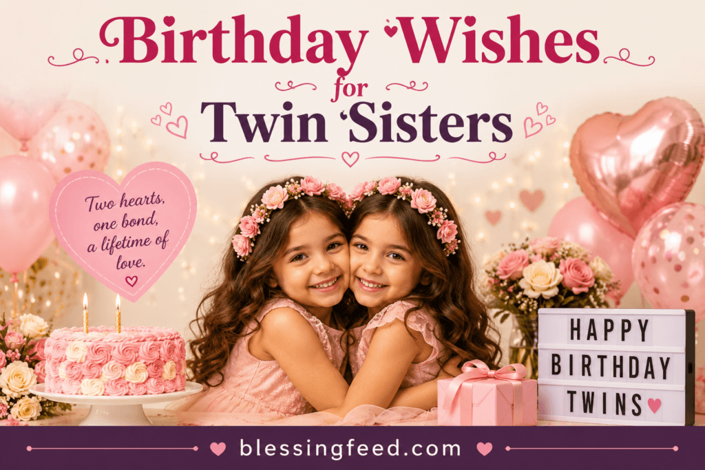 Birthday Wishes for Twin Sisters with two smiling twin girls celebrating with cake, balloons, flowers, and blessingfeed.com