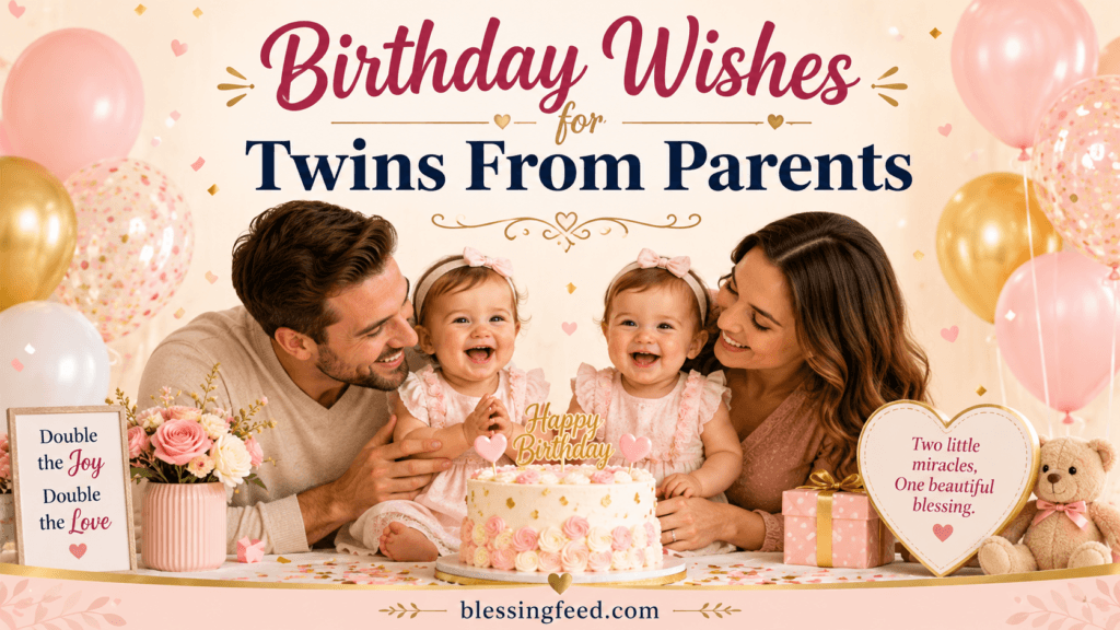 Birthday wishes for twins from parents with a loving family, birthday cake, balloons, and blessingfeed.com text