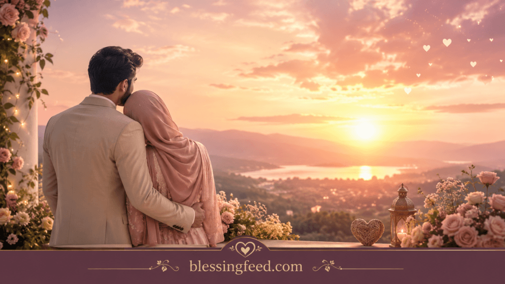 Future blessings and hopeful 2nd month anniversary wishes for husband with romantic couple and sunrise