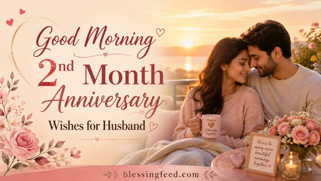 Good Morning 2nd Month Anniversary Wishes for Husband with romantic sunrise and blessingfeed.com text