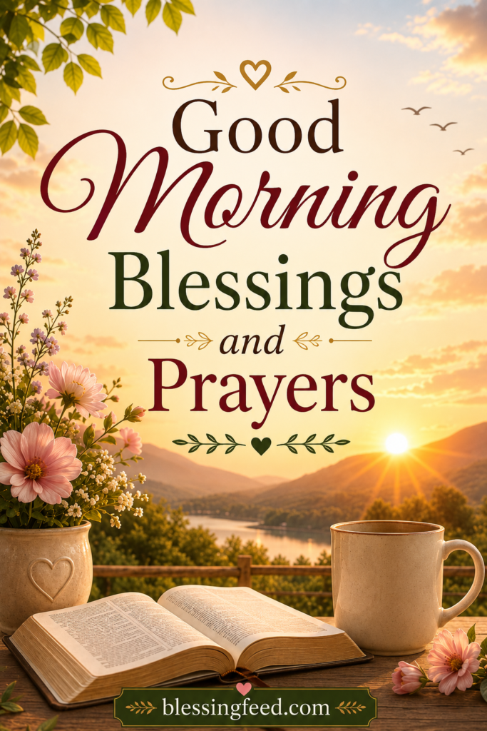Good Morning Blessings and Prayers with sunrise, flowers, Bible, and coffee.