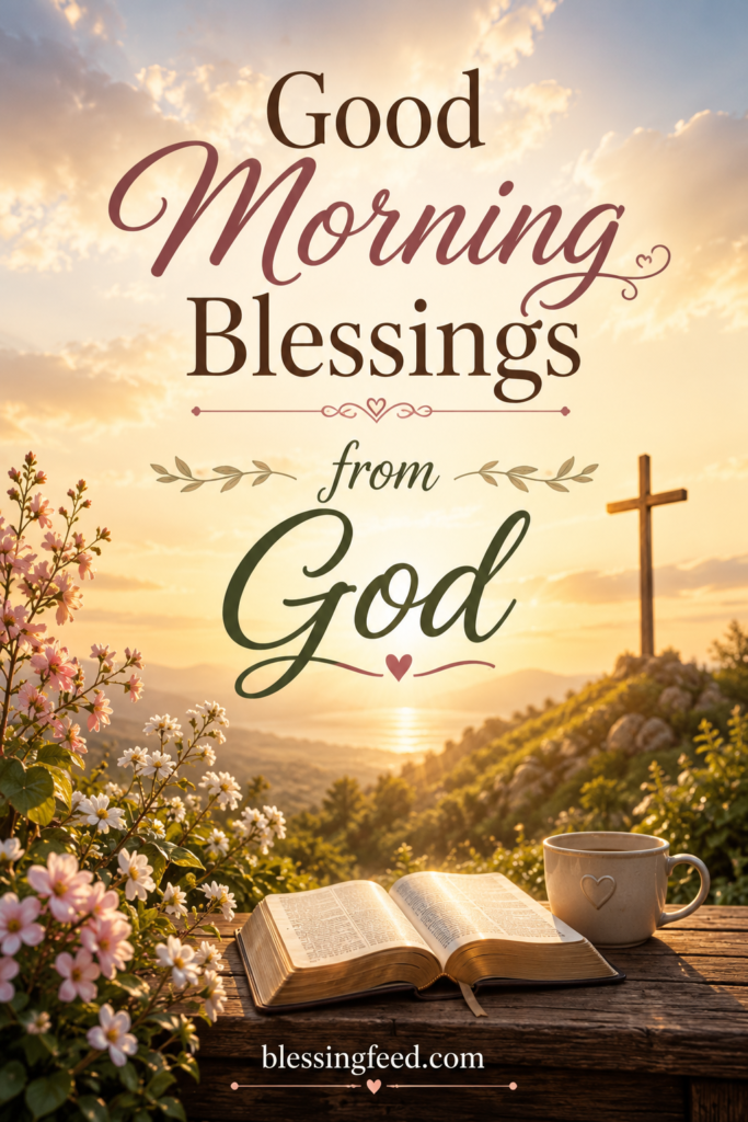 Good Morning Blessings from God with sunrise, Bible, flowers, and cross