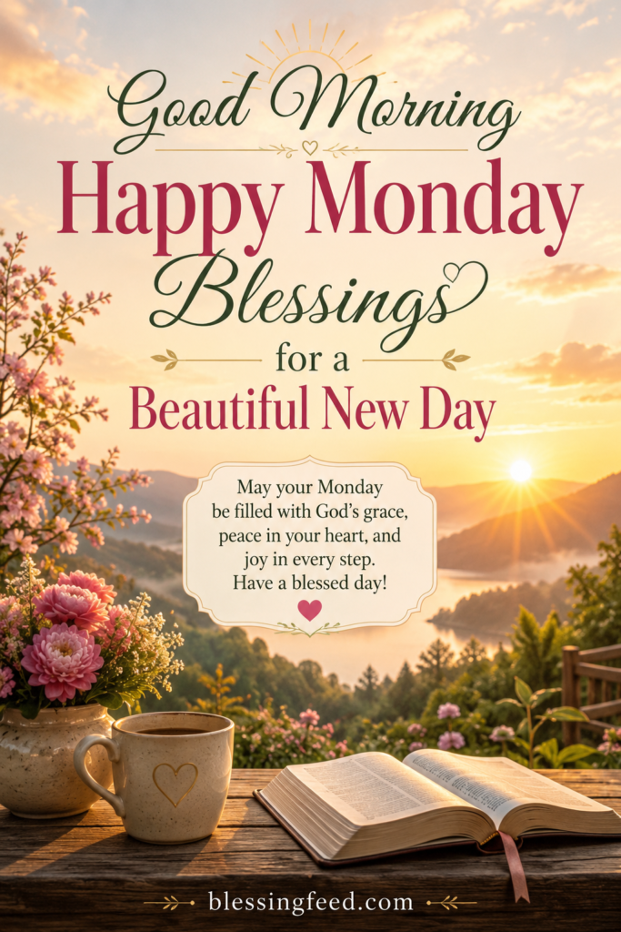 Good Morning Happy Monday Blessings for a Beautiful New Day with peaceful sunrise and inspirational quote