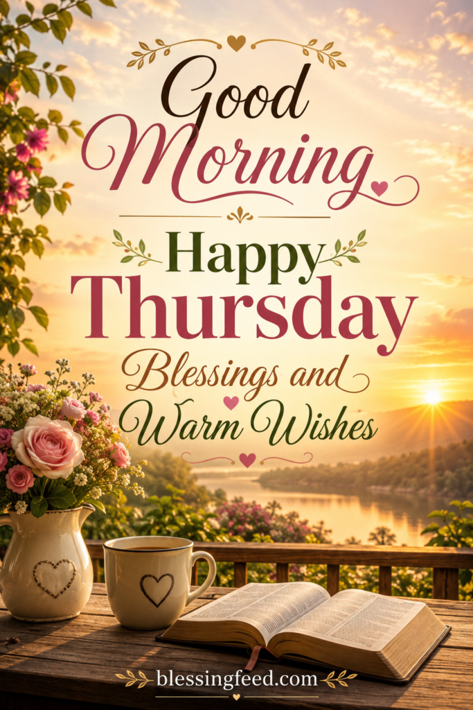 Good Morning Happy Thursday Blessings and Warm Wishes inspirational sunrise greeting image with peaceful floral background and blessingfeed.com branding