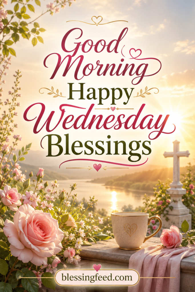 Good Morning Happy Wednesday Blessings inspirational sunrise greeting image for blessingfeed.com
