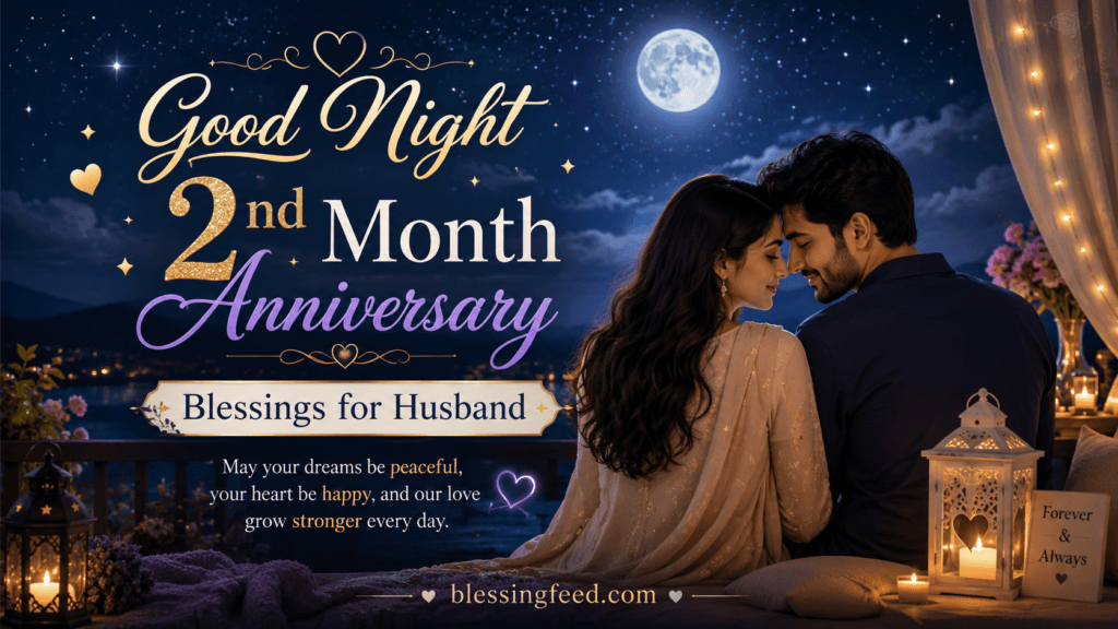Good night 2nd month anniversary blessings for husband with romantic moonlight couple scene