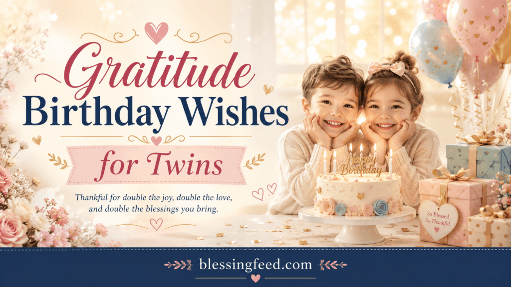 Gratitude birthday wishes for twins with cake, balloons, gifts, and blessingfeed.com