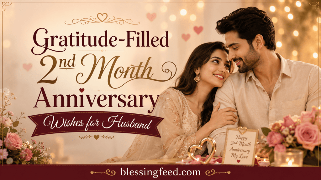 Gratitude-filled 2nd month anniversary wishes for husband with romantic flowers, rings, and blessingfeed.com text