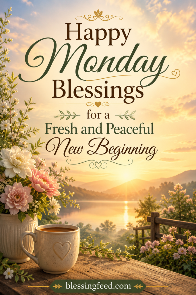 Happy Monday blessings image with peaceful sunrise and fresh new beginning theme