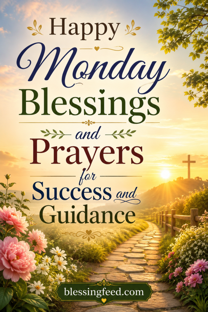 Happy Monday blessings and prayers for success and guidance with peaceful sunrise background and inspirational typography