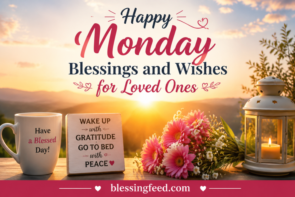 Happy Monday Blessings and Wishes for Loved Ones with warm sunrise, flowers, candle lantern, and blessingfeed.com text.