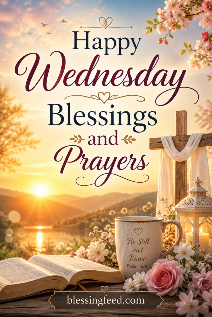 Happy Wednesday blessings and prayers inspirational quote image with sunrise and cross, blessingfeed.com