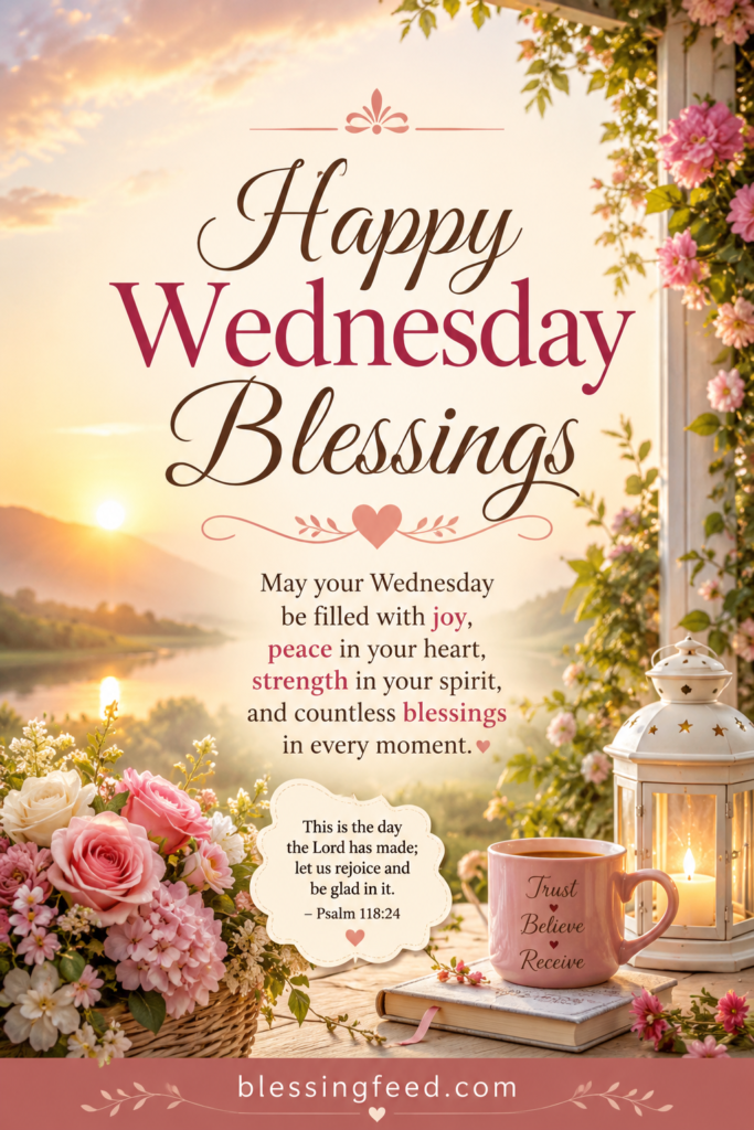 Happy Wednesday Blessings inspirational Pinterest image with peaceful flowers, sunrise, and blessing message for positivity and faith