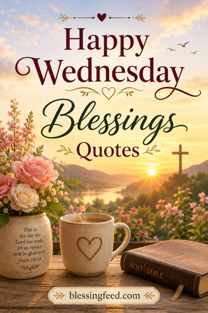 Happy Wednesday blessings quotes inspirational sunrise image with blessingfeed.com branding