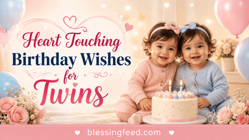 Heart touching birthday wishes for twins with birthday cake and blessingfeed.com branding