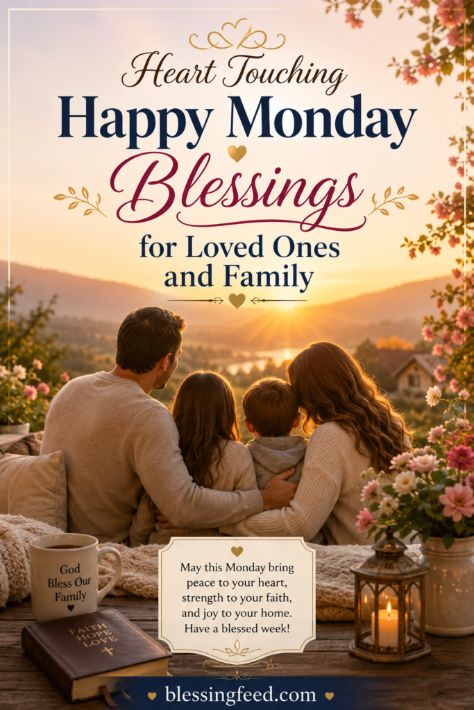 Heart touching happy Monday blessings for loved ones and family with warm sunrise and peaceful family moment