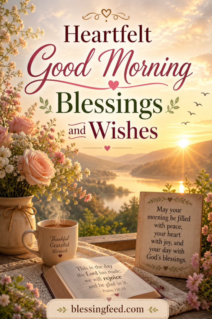 Heartfelt Good Morning Blessings and Wishes sunrise image with flowers and blessingfeed.com