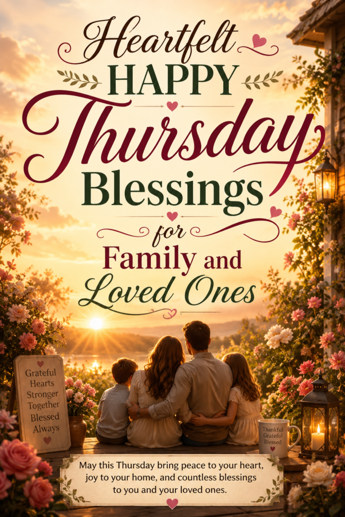Heartfelt Happy Thursday Blessings for family and loved ones with warm golden sunrise and peaceful family scene