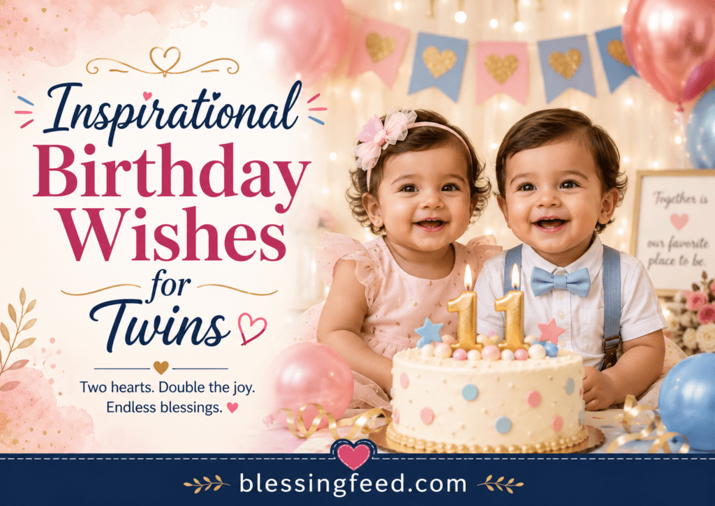 Inspirational birthday wishes for twins with birthday cake, balloons, and blessingfeed.com