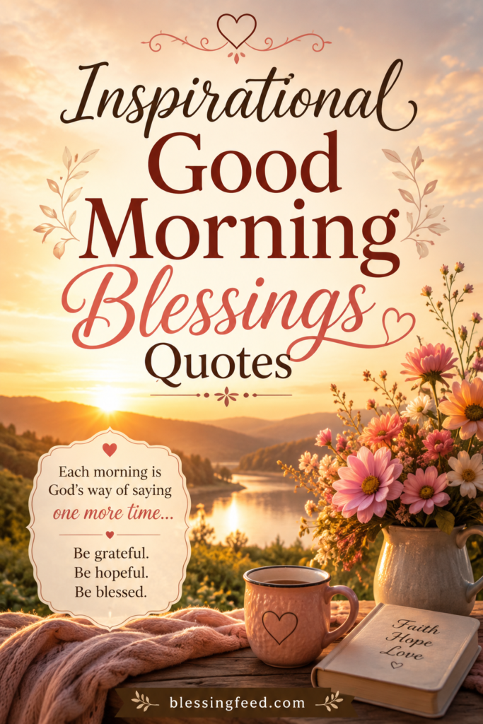Inspirational good morning blessings quotes with sunrise, flowers, coffee, and blessingfeed.com