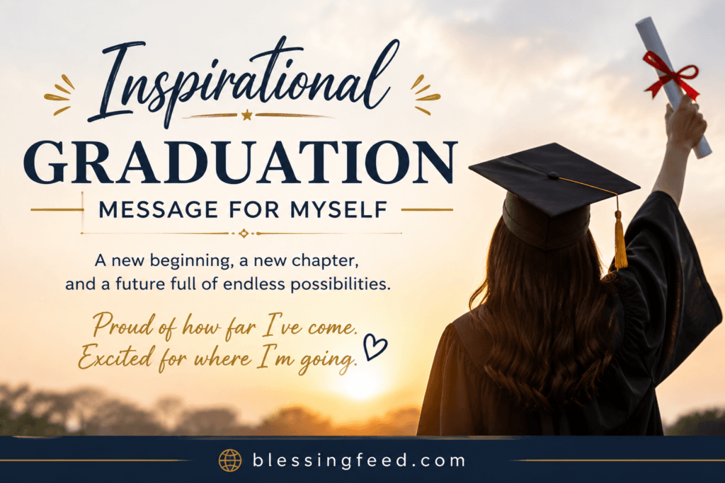 Inspirational graduation banner with graduate celebrating success and blessingfeed.com