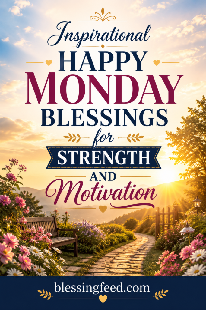 Inspirational Happy Monday Blessings for Strength and Motivation with peaceful sunrise background and blessingfeed.com branding